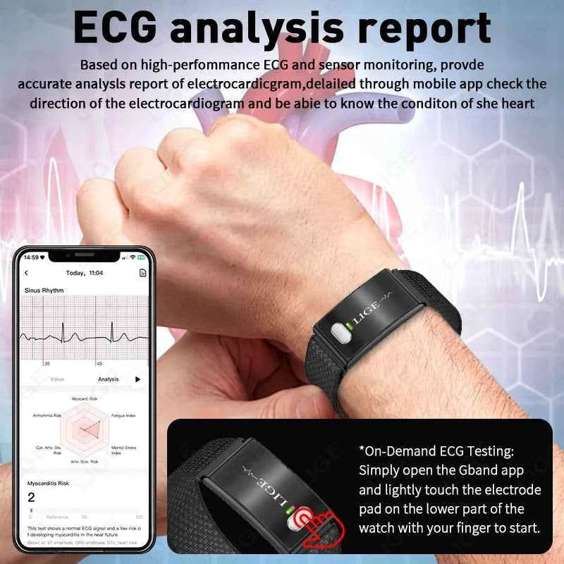 LIGE 2026 ECG+PPG Nursing Grade Smart Bracelet HRV Body Fat BMI Blood Pressure Body Temperature Men Women Health Sports Watches
