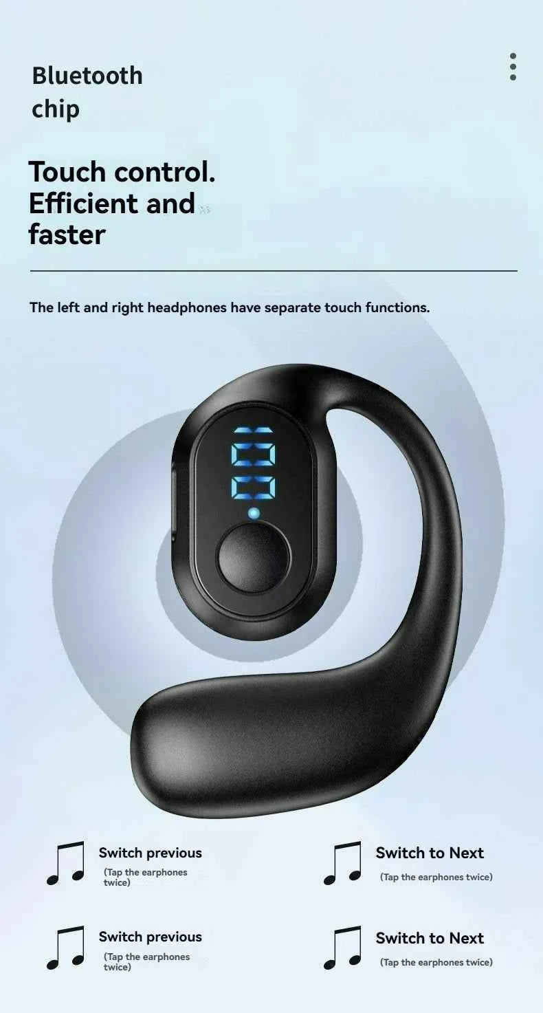 Wireless Bluetooth 5.3 Bone Conduction Headphones Open Ear Earbuds, Sports Ear Hook Headset with LED Power Display, Touch Contro