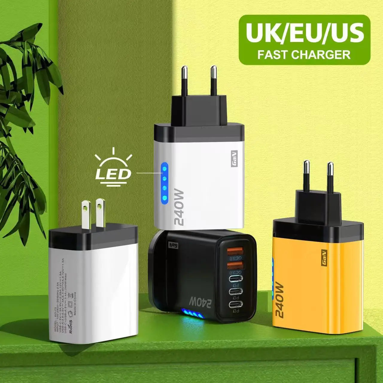 240W GaN Charger 5-in-1 3USB-C PD and 2USB-A QC3.0 Fast Charging for iPhone 16 17 Samsung S25 S24 Xiaomi 15 16 17 Huawei Mate