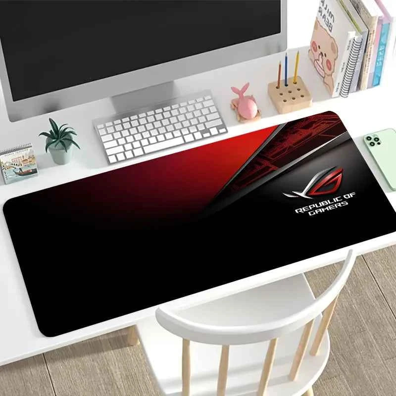 1pc Large Gaming Mouse Pad with Red Black ROG Design Non-Slip Durable Rubber Keyboard Mat for PC Office Decor XXL Desk Accessory
