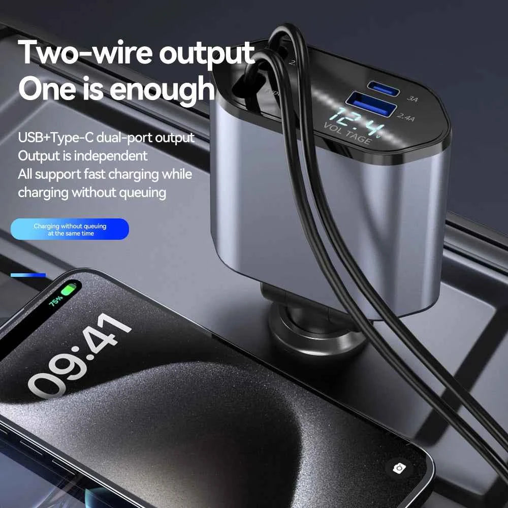 120W 4 in 1 Car Charger Retractable Car Cigarette Lighter Adapter USB Type C Fast Charger Cable For IPhone Xiaomi Huawei Samsung