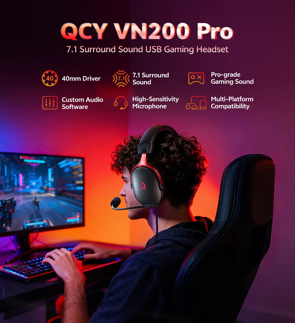 QCY VN200 Pro Wired Gaming Headset With Mic 40mm Driver 7.1 Surround Over Ear Headphones For PC PS4 PS5 Gamer Headphones