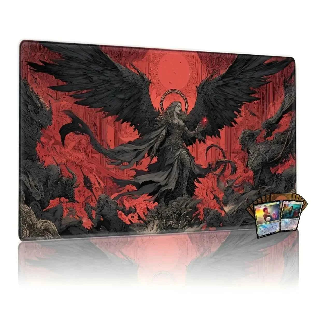 Non-Slip Rubber Red Black Gothic Mouse Pad Dark Fantasy Fallen Angel Flame Mat for TCG RPG CCG Tabletop Gaming
