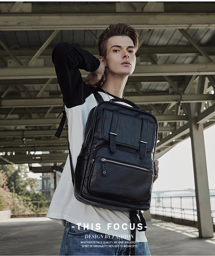 MOYYI Leather Laptop Backpack for Men Waterproof Travel Backpack Vintage Business Bag for Commuter Casual Leather Daypack