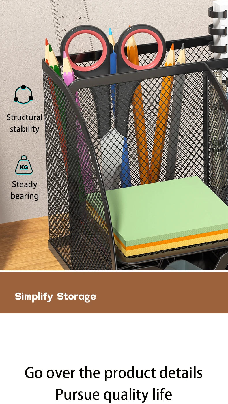 Mesh Pen Holder and Organizer Office Supplies with 7 Compartments, Desktop Organizer with Drawer, Metal Pen Holder for Desk