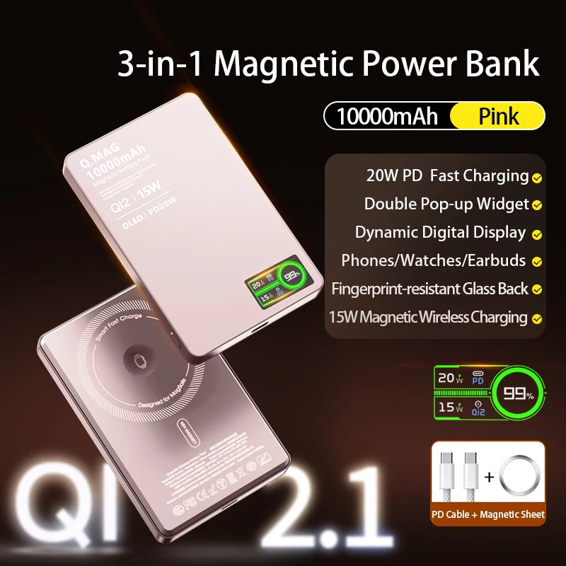 QI 2.1 Magnetic Powerbank Wireless Fast Charing Spare Portable External Battery for iPhone 12-17 Pro Watch Airpods 5000/10000mAh
