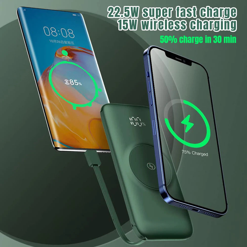 Built-in 4 Cables Wireless Power Bank 22.5W Fast Charging 15W Qi Wireless Portable External Battery Pack Digital LED Display Multi-Device Simultaneous Charging Pocket Size Powerbank For iPhone Samsung Android Phone Travel Out