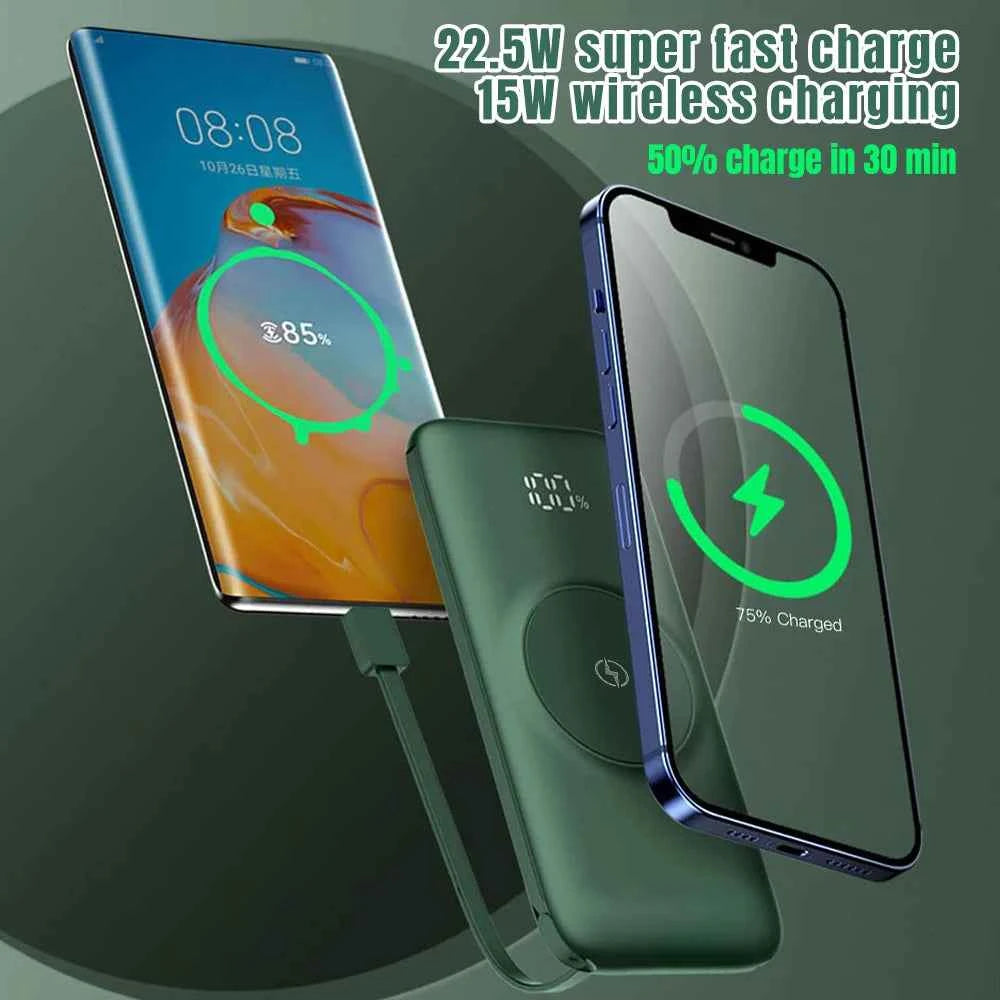Built-in 4 Cables Wireless Power Bank 22.5W Fast Charging 15W Qi Wireless Portable External Battery Pack Digital LED Display Multi-Device Simultaneous Charging Pocket Size Powerbank For iPhone Samsung Android Phone Travel Out