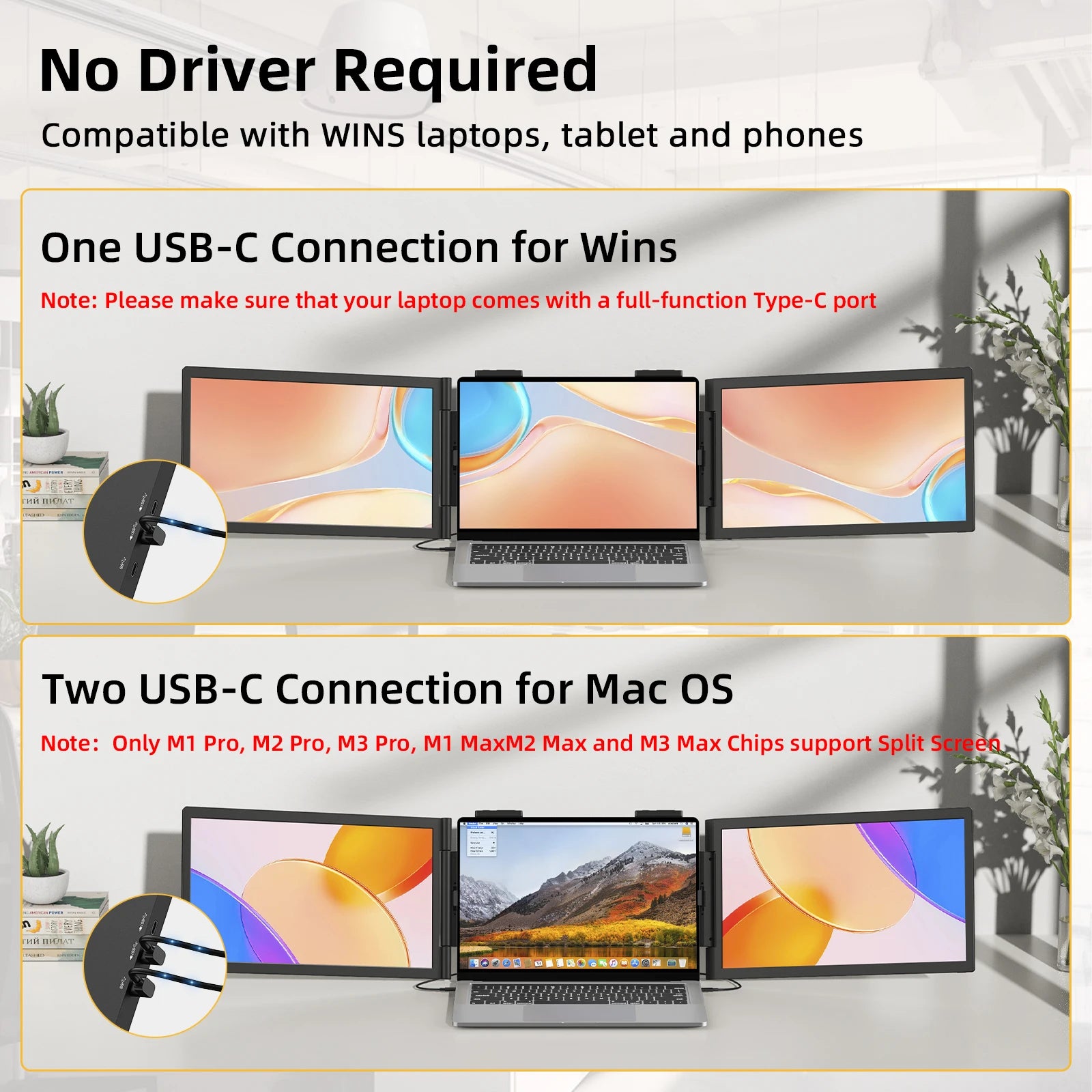 Amoudo14 Inch Dual Portable Monitor 1920*1080P IPS Portable Triple Monitor with USB-C Port for 14-16.5