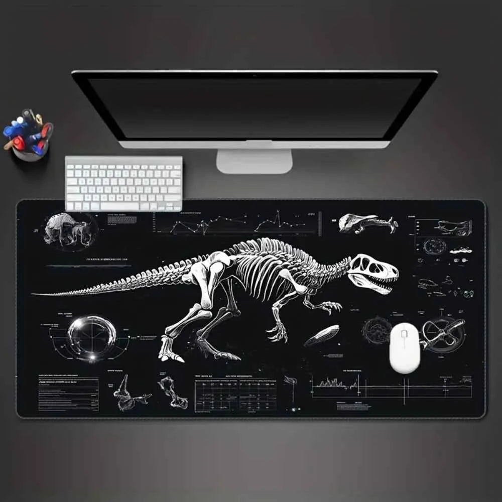XXL Dinosaur Skeleton Gaming Desk Mat - Black and White Tech Style Extended Pad, Non-Slip Rubber PC Mat