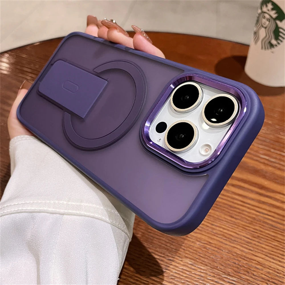 Folding Stand Holder Magnetic Matte Case For iPhone 17 16 Pro Max 15 14 Plus 13 12 For Magsafe Wireless Charge Shockproof Cover