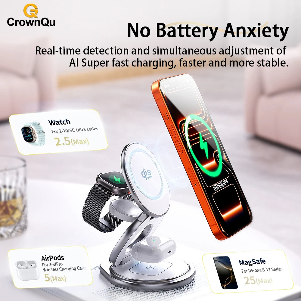 Qi2.2 3-in-1 Metal Magnetic Wireless Charger 25W Fast Charging Station 360° Rotation Foldable for iPhone 17 16 15 Watch Airpods