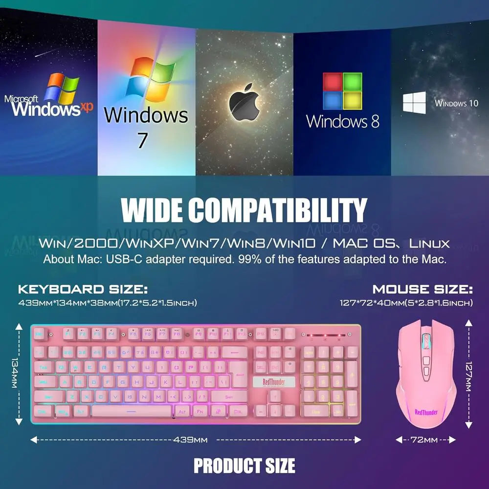 Wireless Gaming Keyboard and Mouse Set, LED Backlit, Rechargeable 3800mAh, Mechanical Key Anti-ghosting + 7D 3200DPI Gaming Mous
