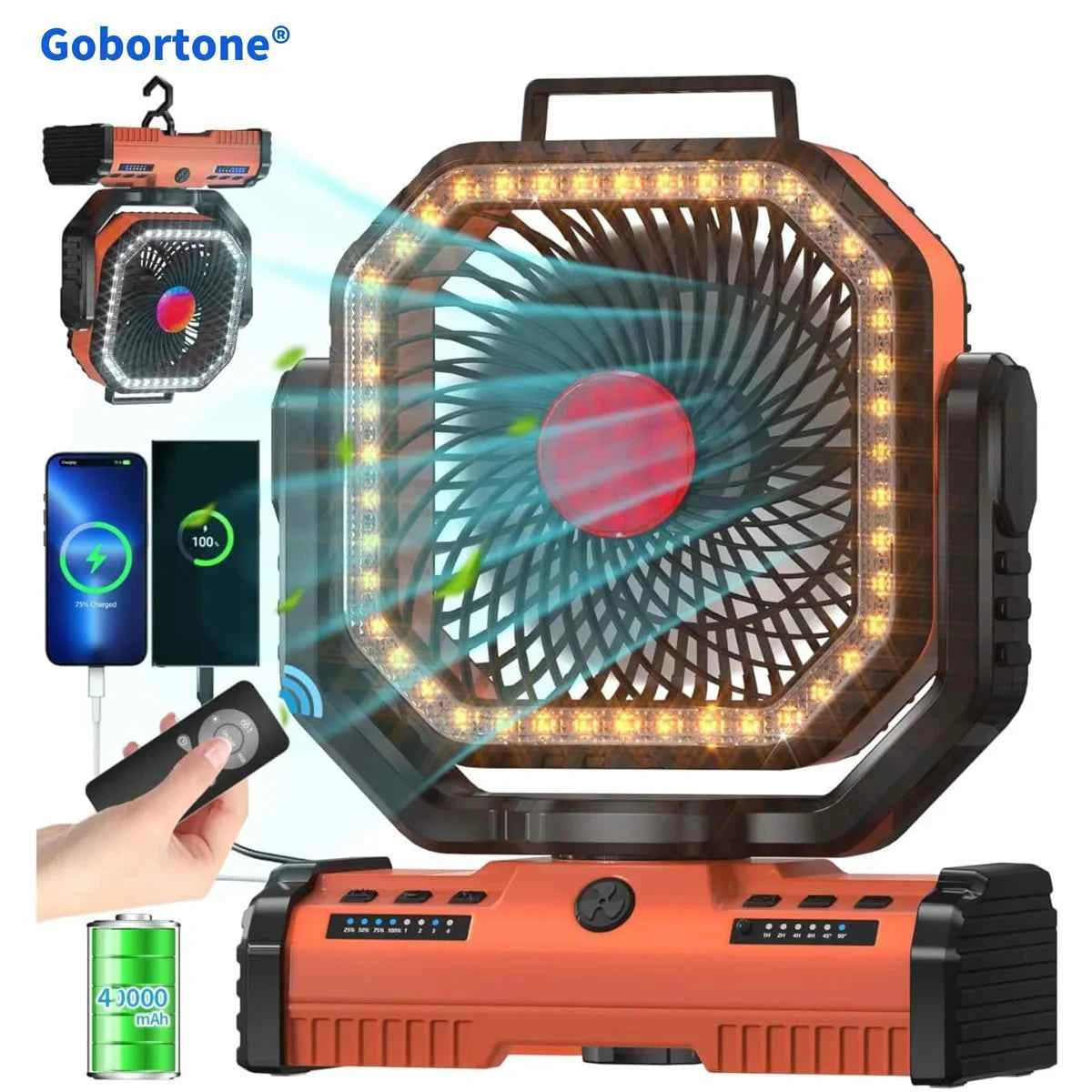 Gobortone 12 Inch 40000Mah Ventilador Recargable Camping Battery Operated Powered Fan with LED Lantern Light Cordless USB Desk
