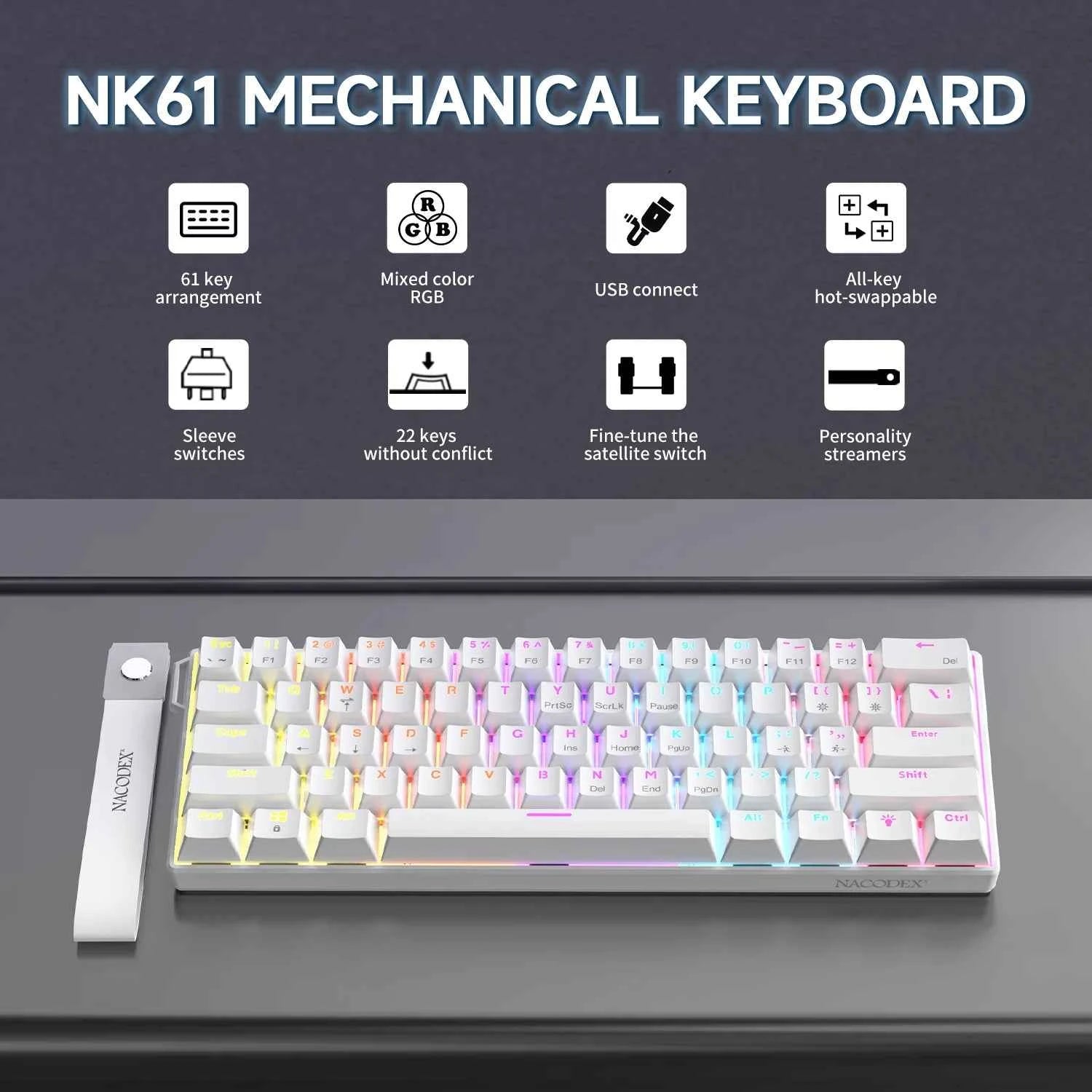 AJAZZ NK61 Wired Mechanical Keyboard, Mixed Backlight, Compact Mini Layout, Detachable USB-C Cable, Keycap Puller Included