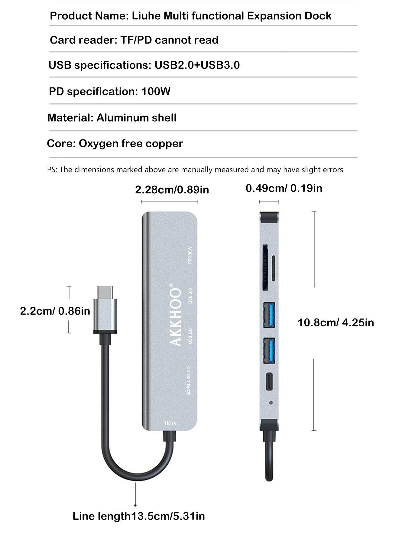 6 in 1 Type-C Docking Station, Support 100W PD Fast Charge, SD/TF Card Dual Card Slot, Portable Multi-Function Docking Station