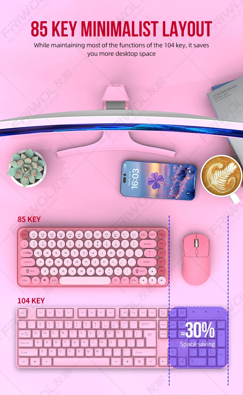 Friwol BT185 Bluetooth Wireless Keyboard Mouse Set Punk Keycap Laptop Desktop Office Mute Keyboard Mechanical Feel