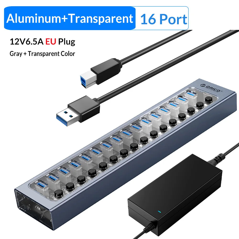 ORICO Powered USB 3.0 HUB 7/10/13/16 Ports USB Extension with On/Off Switches 12V Power Adapter Support BC1.2 Charging Splitter