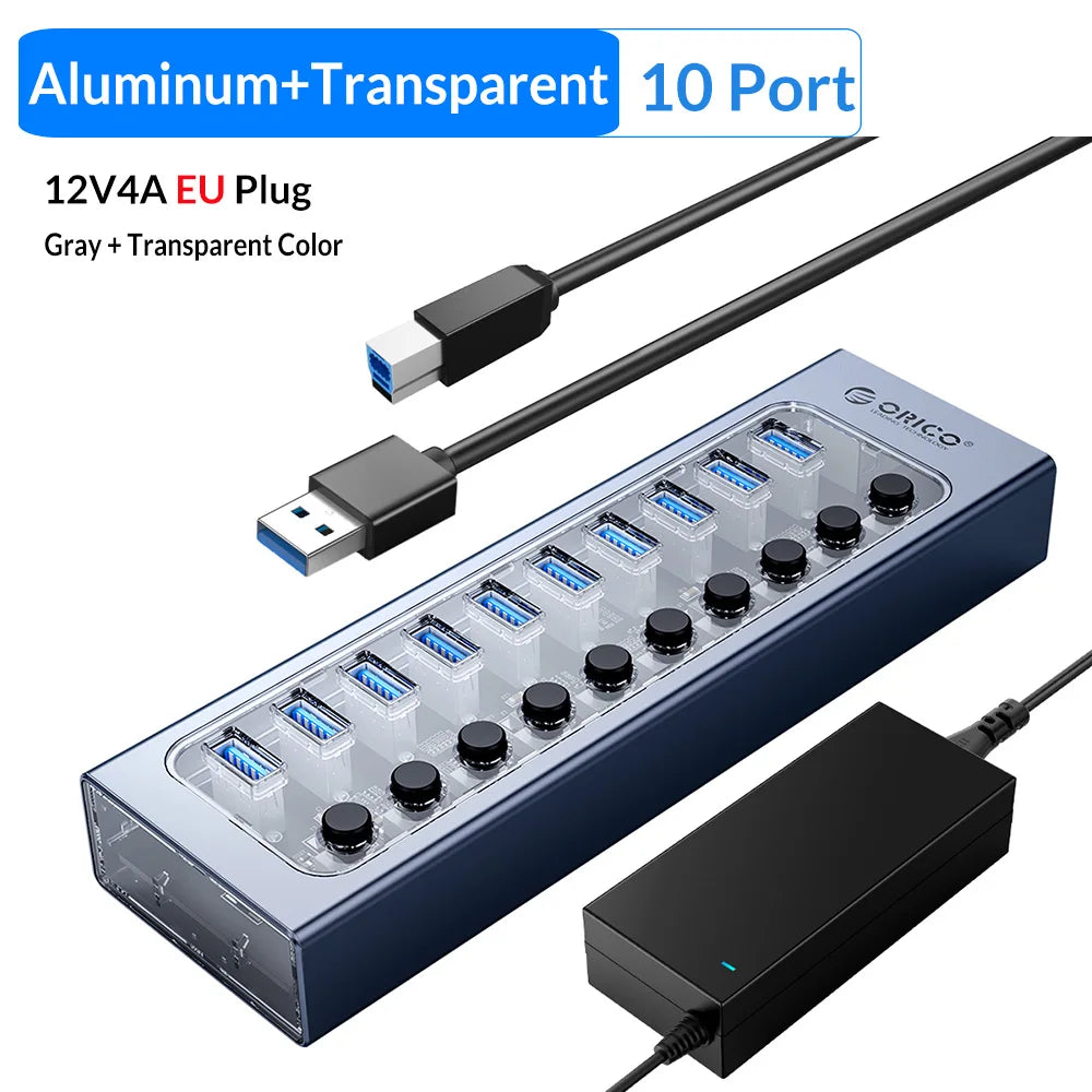 ORICO Powered USB 3.0 HUB 7/10/13/16 Ports USB Extension with On/Off Switches 12V Power Adapter Support BC1.2 Charging Splitter