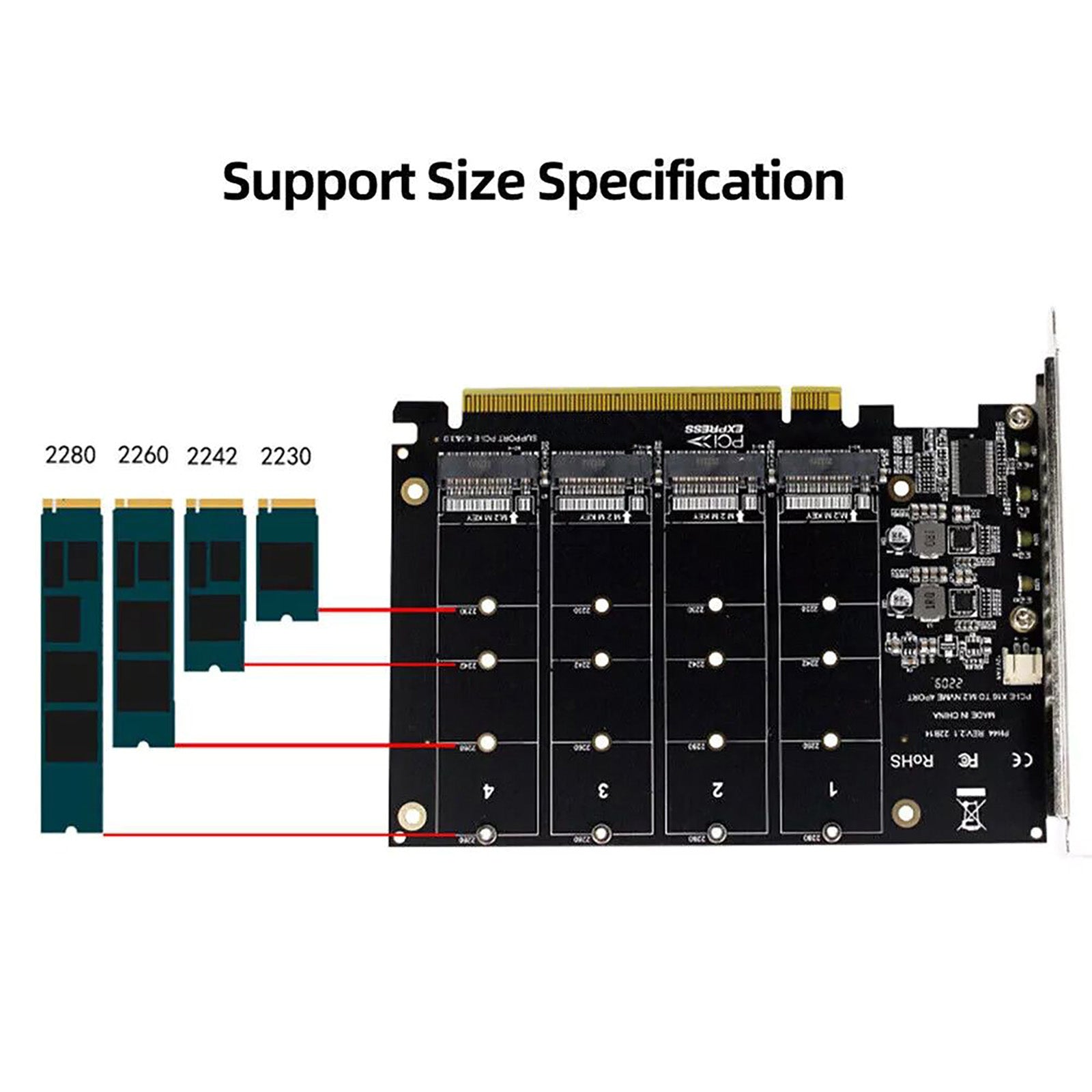M.2 NVME SSD to PCIE X16 Adapter 4 Port NVMe to PCI-e Host Expansion Card Support 2230/2242/2260/2280