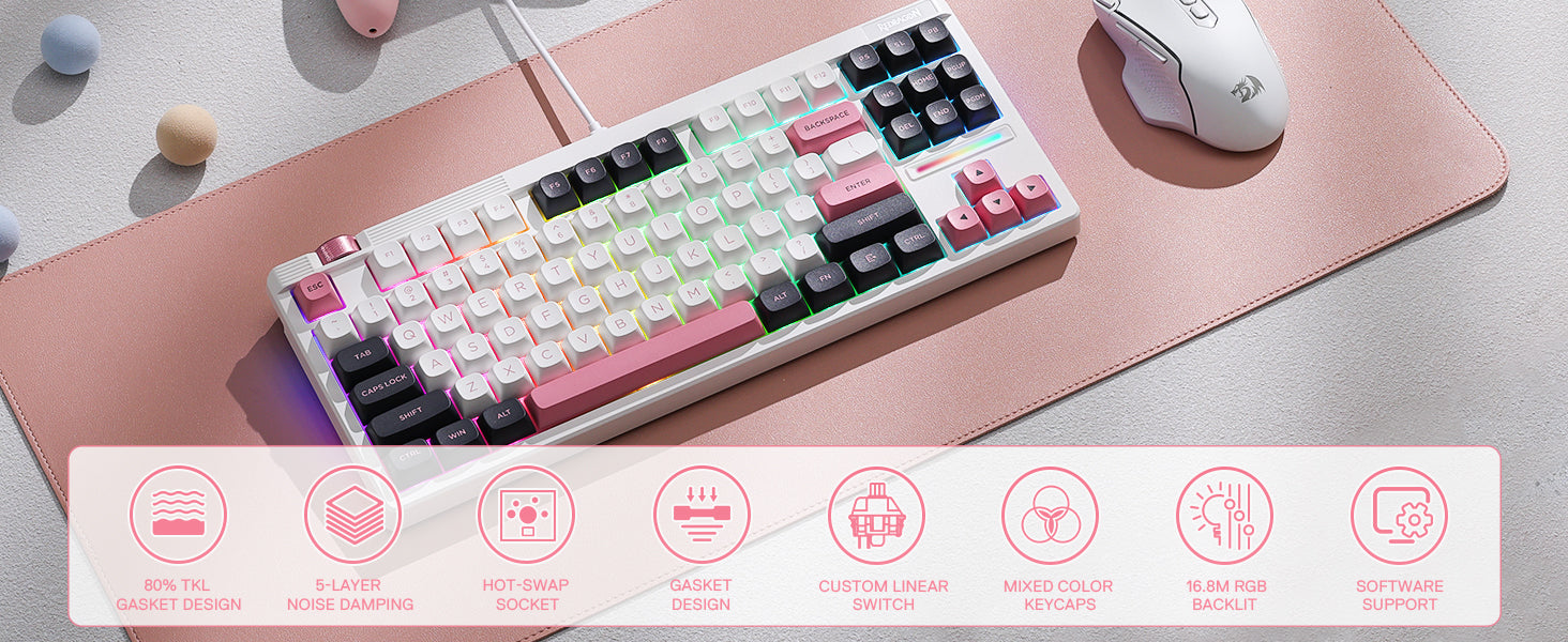 Redragon K729 80% Wired Gasket RGB Gaming 87 Keys TKL Mechanical Hot-Swap South-Facing Socket & 5-Layer Dampener Keyboard
