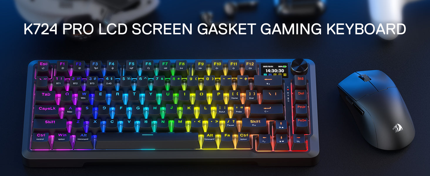 Redragon K724 PRO Wireless Gasket Gaming Hype Screen & Knob, 81-Key Mechanical Keyboard,Easy-Control 1.14’’ TFT Info Display
