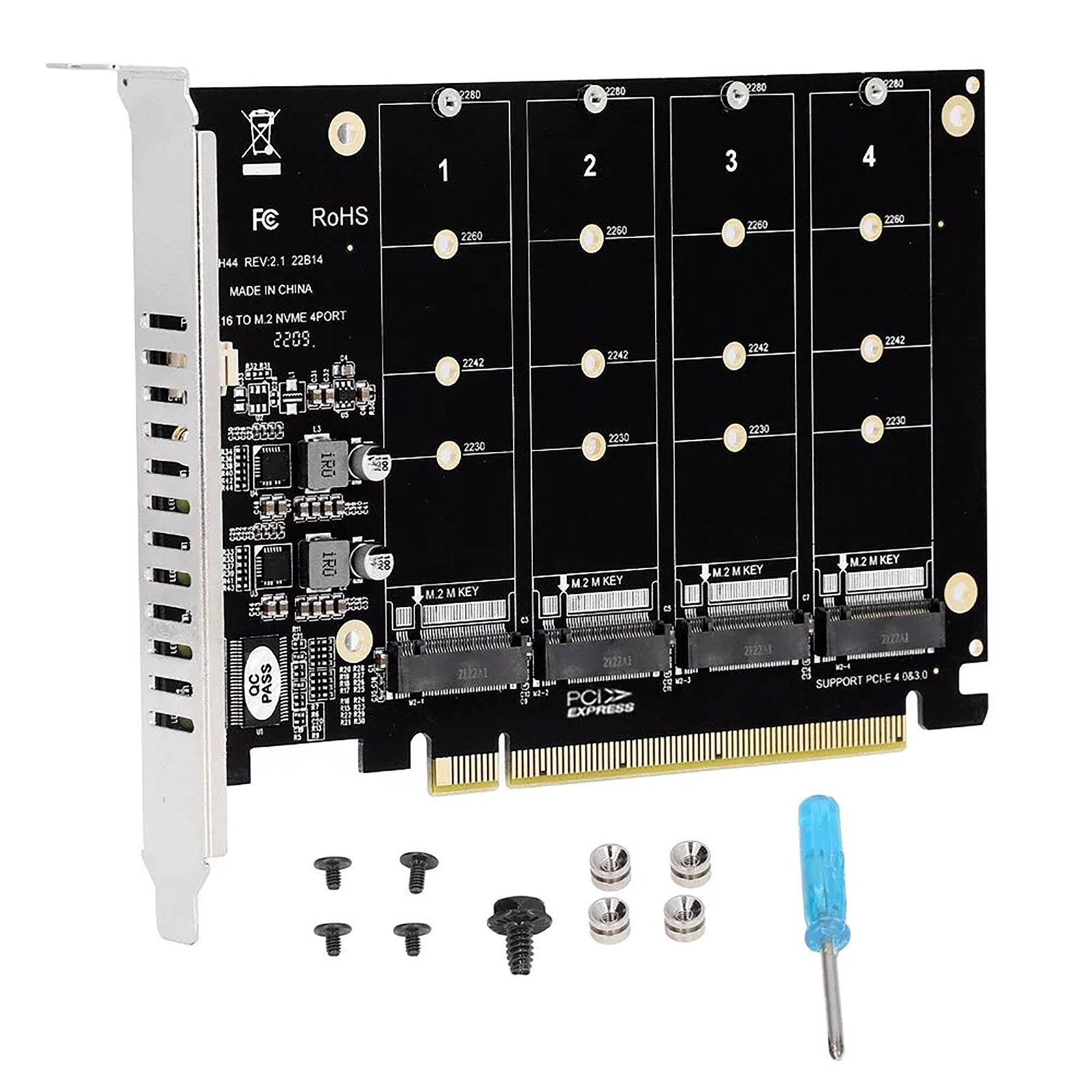 M.2 NVME SSD to PCIE X16 Adapter 4 Port NVMe to PCI-e Host Expansion Card Support 2230/2242/2260/2280