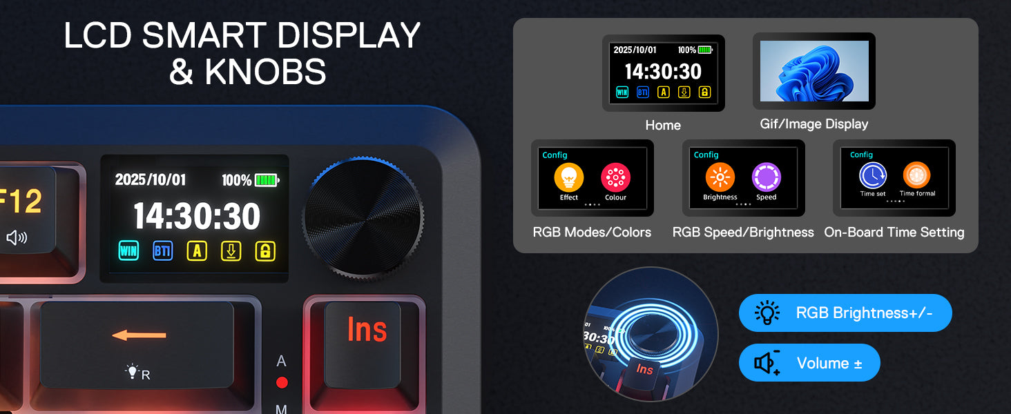 Redragon K724 PRO Wireless Gasket Gaming Hype Screen & Knob, 81-Key Mechanical Keyboard,Easy-Control 1.14’’ TFT Info Display