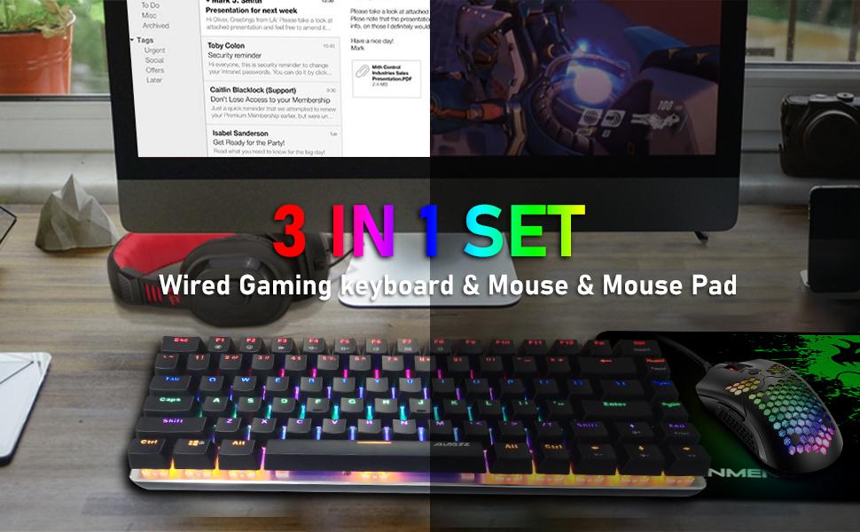 MAMBANAKE x ZIYOUANG AK33 Gaming Keyboard,M5 Mouse,Rainbow LED Backlit Mechanical Keyboard