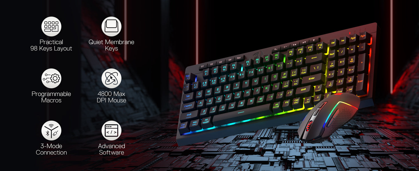 Redragon S142 Wireless Gaming Keyboard & Mouse Combo, 98 Keys K515 PRO Wireless  Keyboard and4800 DPI  2.4Ghz Gaming Mouse