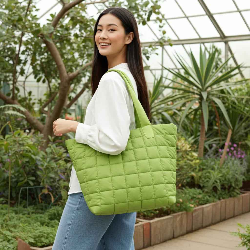 Quilted Nylon Tote Bag for Women – Lightweight 16” Laptop Work & Travel Tote