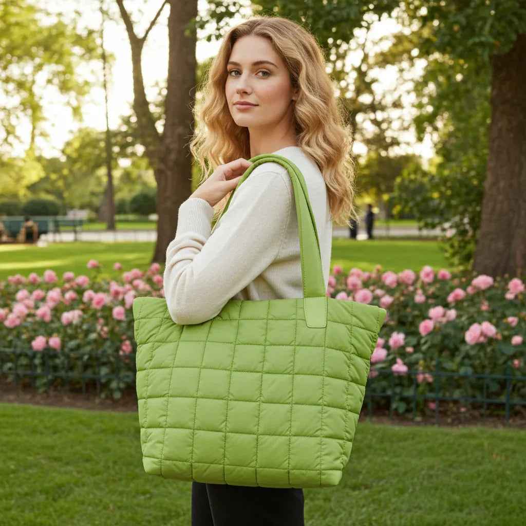 Quilted Nylon Tote Bag for Women – Lightweight 16” Laptop Work & Travel Tote