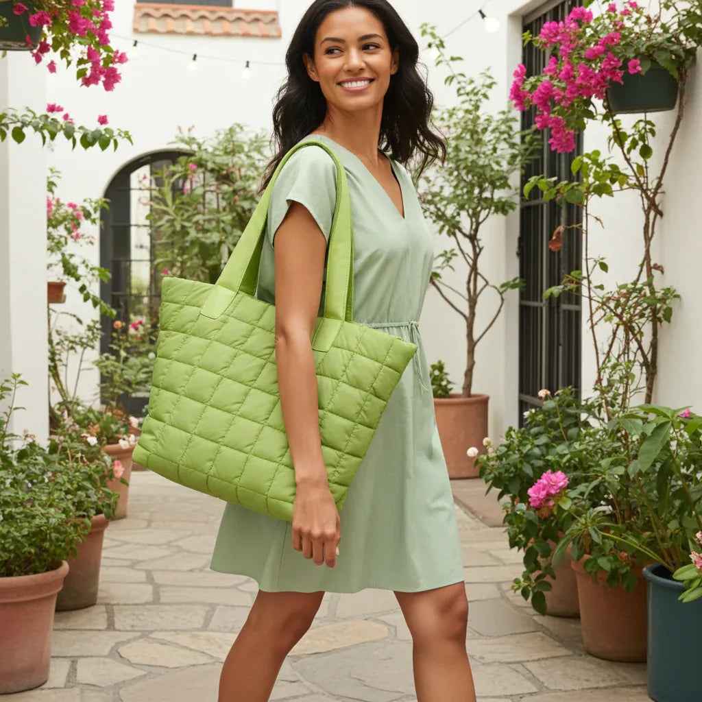 Quilted Nylon Tote Bag for Women – Lightweight 16” Laptop Work & Travel Tote