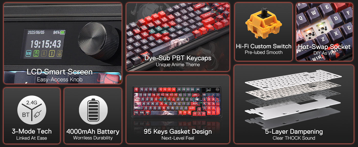 Redragon K719 PRO Wireless Gasket Gaming Hype Screen & Knob, 95 Keys Mechanical Keyboard,Easy-Control 1.14’’ TFT Info Display