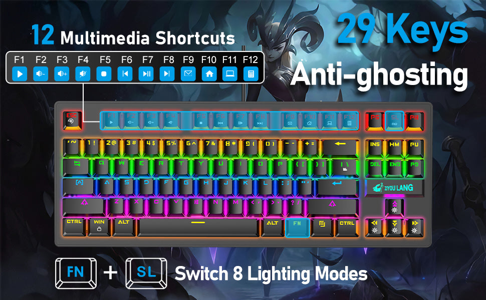 MAMBASNAKE x ZIYOU LANG K2 Wired Mechanical Gaming Keyboard Blue Switch Mini 82 Keys Wired Rainbow LED Backlit Keyboard