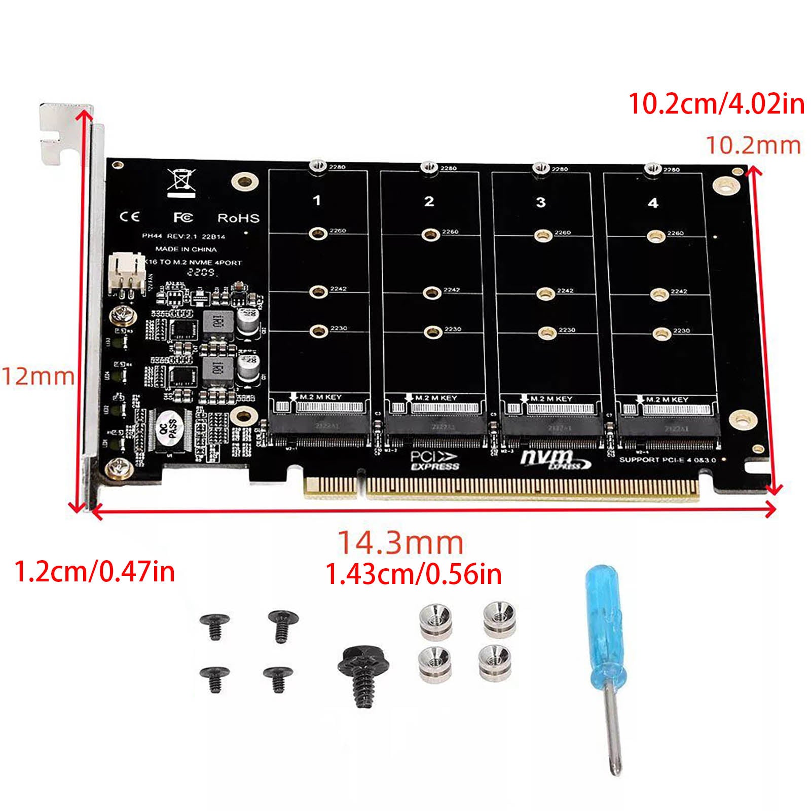 M.2 NVME SSD to PCIE X16 Adapter 4 Port NVMe to PCI-e Host Expansion Card Support 2230/2242/2260/2280