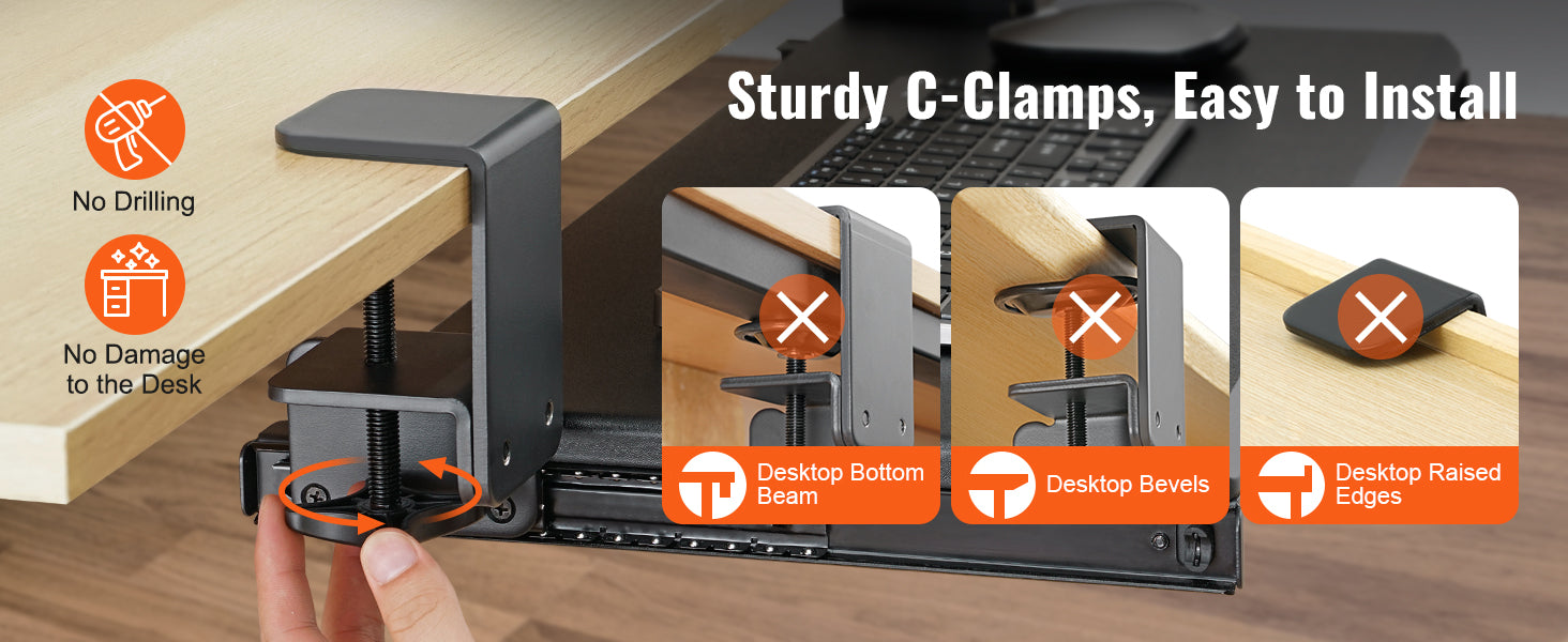 SucceBuy 26.8in Under Desk Keyboard Tray Slide in/out Ergonomic Universal Keyboard Tray No-Drilling C-Clamps Easy to Install