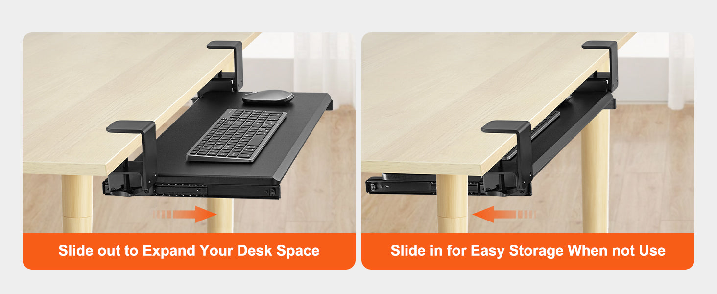 SucceBuy 26.8in Under Desk Keyboard Tray Slide in/out Ergonomic Universal Keyboard Tray No-Drilling C-Clamps Easy to Install
