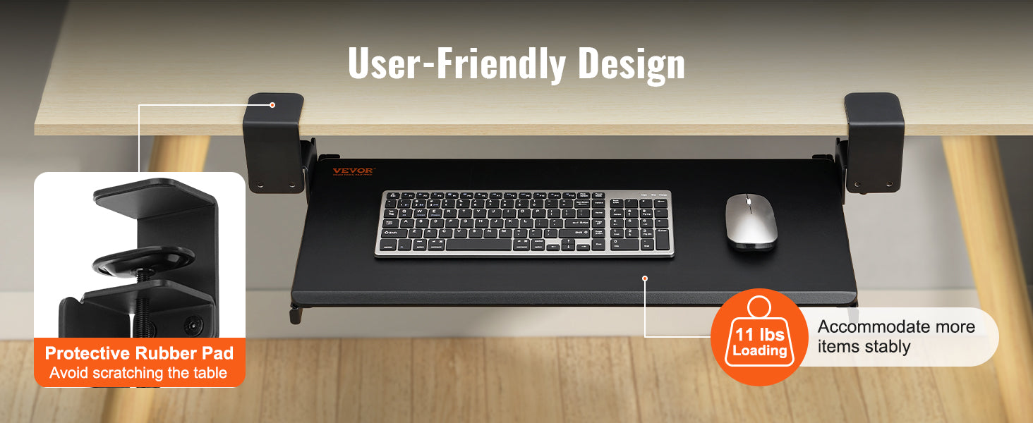 SucceBuy 26.8in Under Desk Keyboard Tray Slide in/out Ergonomic Universal Keyboard Tray No-Drilling C-Clamps Easy to Install
