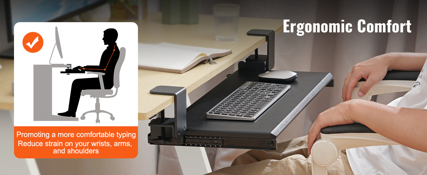 SucceBuy 26.8in Under Desk Keyboard Tray Slide in/out Ergonomic Universal Keyboard Tray No-Drilling C-Clamps Easy to Install