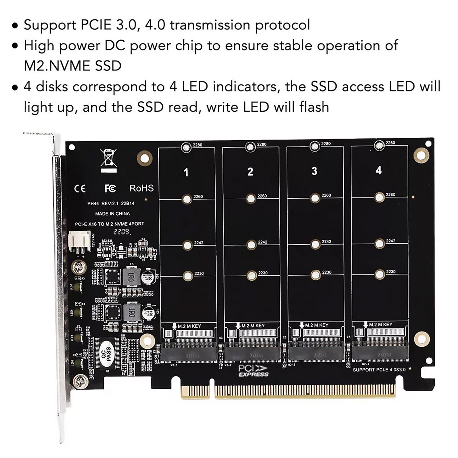 M.2 NVME SSD to PCIE X16 Adapter 4 Port NVMe to PCI-e Host Expansion Card Support 2230/2242/2260/2280