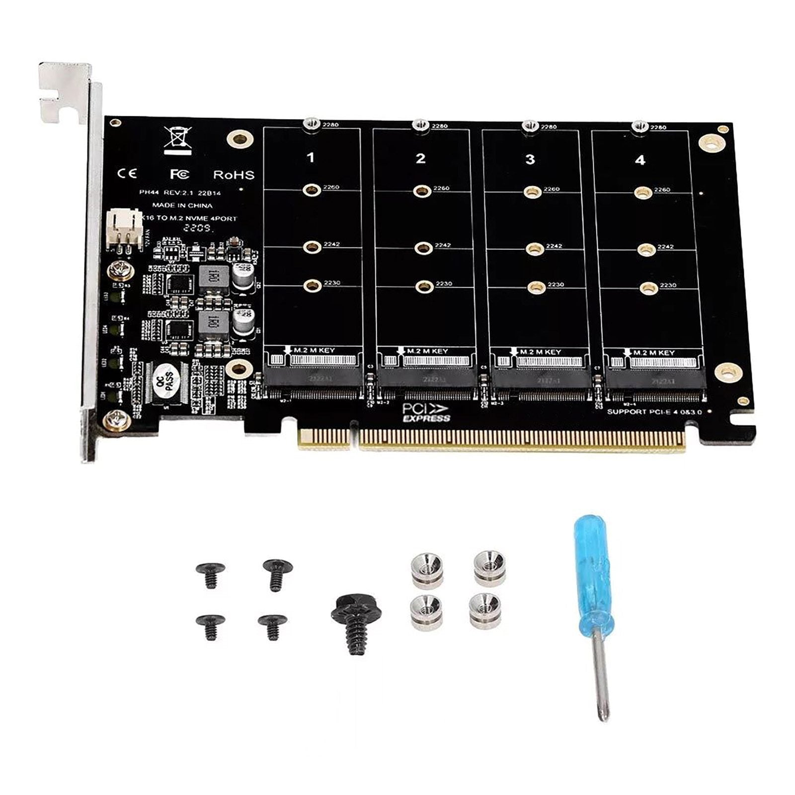M.2 NVME SSD to PCIE X16 Adapter 4 Port NVMe to PCI-e Host Expansion Card Support 2230/2242/2260/2280