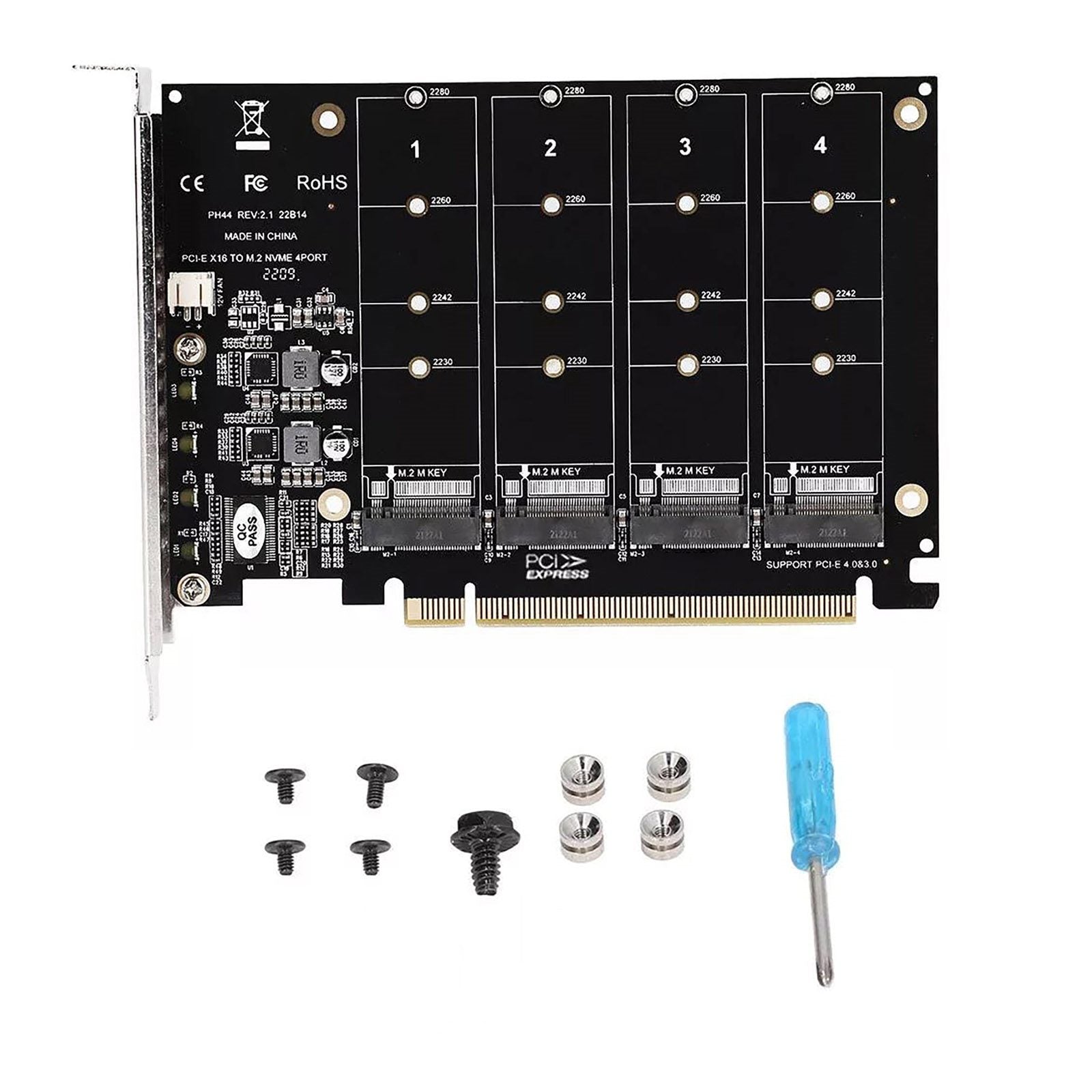 M.2 NVME SSD to PCIE X16 Adapter 4 Port NVMe to PCI-e Host Expansion Card Support 2230/2242/2260/2280